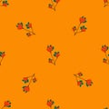 Summer seamless pattern in minimalistic style with naive flowers print. Bright orange background