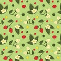 Summer seamless pattern with offset stroke strawberry fruits, flowers, leaves and absctract spots, red, green, yellow colors for