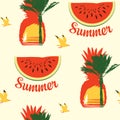Summer seamless pattern with palms and watermelons
