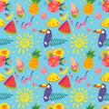 Summer seamless pattern. Pineapple, ice cream, watermelon, flower, toucan, sun hand drawn elements. Tropical print