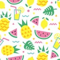 Summer seamless pattern with pineapple, watermelon slice, lemon, cocktail and monstera leaves.