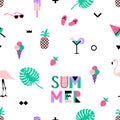 Summer seamless pattern with pink flamingos, ice cream, strawberry