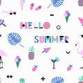 Summer seamless pattern with pink flamingos, ice cream, strawberry