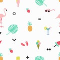 Summer seamless pattern with pink flamingos, ice cream, strawberry