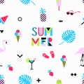 Summer seamless pattern with pink flamingos, ice cream, strawberry