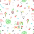 Summer seamless pattern with pink flamingos.