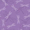 Summer seamless pattern with purple silhouettes of dragonflies. Vector.