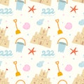 Summer seamless pattern with sandcastle, bucket, shovel, starfish, waves, shells. Cute beach and vacation hand drawn doodle Royalty Free Stock Photo