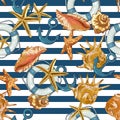 Summer Seamless Pattern with Sea Shells, Anchor