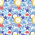 Summer seamless pattern with sea star, shell, sun umbrella and tropical leaves. Starfish background vector illustration