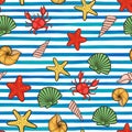 Summer seamless pattern Seashell on horizontal watercolor blue stripes. design holiday kids clothes, greeting card and invitation