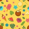 Summer seamless pattern with seasonal food and flowers Royalty Free Stock Photo