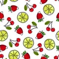 Summer seamless pattern. Strawberry, lime, cherry. Bright berry. Outline vector illustration. Organic food eco template for menu,