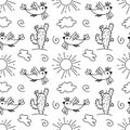 Summer seamless pattern with sun, cloud, bird and cactus Royalty Free Stock Photo