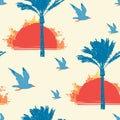 Summer seamless pattern with sun, palms and gulls Royalty Free Stock Photo
