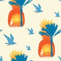 Summer seamless pattern with sun palms and surfers