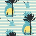 Summer seamless pattern with sun palms and surfers