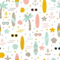 Summer seamless pattern with surfboards, palm trees, anchors, sunglasses and shells. Cute sea, ocean background