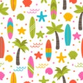 Summer seamless pattern with surfboards, palm trees and shells. Cute ocean background. Perfect for fabric, textile and wrapping Royalty Free Stock Photo
