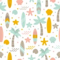 Summer seamless pattern with surfboards, palm trees and shells. Cute sea background. Perfect for fabric, textile and wrapping Royalty Free Stock Photo