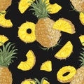 Summer seamless pattern with sweet pineapples, whole and cut into pieces and slices on black background. Backdrop with Royalty Free Stock Photo