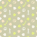 Summer seamless pattern with symbol of peace, flowers and text. Simple floral print for T-shirt, textile, fabric. Hand drawn