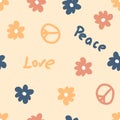 Summer seamless pattern with symbol of peace, flowers and text. Simple floral print for T-shirt, textile, fabric. Hand drawn