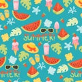 Summer seamless pattern. Tropical endless background with watermelons, ice cream, seashells and beach slippers on Royalty Free Stock Photo