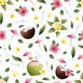 Summer seamless pattern with tropical flowers and coconut cocktail. Hibiscus, frangipani, coconut. Suitable for Royalty Free Stock Photo