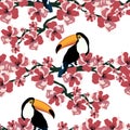 Tropical seamless pattern with cute birds and flowers.Summer vector background with toucans.Textile texture