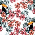 Colorful tropical seamless pattern with funny toucans,flowers and leafs.Summer vector background.Graphic textile texture