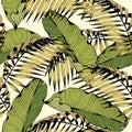 Summer seamless pattern with tropical leaves and branches. Vector decorative background for design Royalty Free Stock Photo