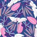 Summer seamless pattern with tropical leaves and flowers on blue background. Vector design. Jungle print. Printing and textiles. Royalty Free Stock Photo