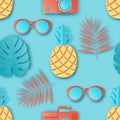 Summer seamless pattern with tropical palm leaves, retro photo c