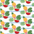 Vector summer seamless pattern with tropical leaves and fruits. Royalty Free Stock Photo