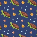 Summer seamless pattern with undersea animal turtle. Cartoon style. Seashell, coral, seaweed, bubbles. Vector Royalty Free Stock Photo