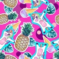 Summer seamless pattern with unicorn and pineapple. Zine Culture style summer cut out background