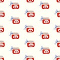 Summer seamless pattern with ÃÂute hand drawn doodle jar of cherry jam. Vector design Royalty Free Stock Photo