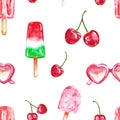 Summer seamless pattern with watercolor berries and ice cream on a stick. Cherries and popsicles, fruits and dessert print