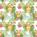 Summer seamless pattern with watercolor cute lion cub, green tropical leaves and exotic flowers. Cartoon baby animal background Royalty Free Stock Photo