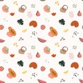 Summer seamless pattern with watermelon, papaya, kiwi, figs, monstera leaves and abstract geometric shapes. Tropical