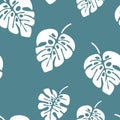 Summer seamless pattern with white monstera palm leaves on blue background Royalty Free Stock Photo