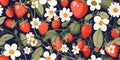 Summer seamless pattern with wild strawberries and flowers, seasonal strawberry wallpaper, cute Royalty Free Stock Photo