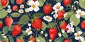 Summer seamless pattern with wild strawberries and flowers, seasonal strawberry wallpaper, cute Royalty Free Stock Photo