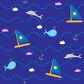 Summer seamless pattern with yacht and whale vector illustration