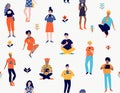 Seamless pattern with young people with gadgets