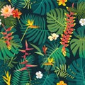 Vector Summer seamless repeat pattern. Vivid colors beautiful tropical jungle exotic leaves. Summertime design tileable background Royalty Free Stock Photo