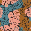 Summer seamless tropical pattern with colorful monstera palm leaves Royalty Free Stock Photo