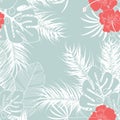 Summer seamless tropical pattern with monstera palm leaves and flowers