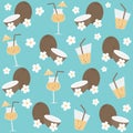 Cute summer seamless vector pattern background illustration with cocktail, flowers and coconuts